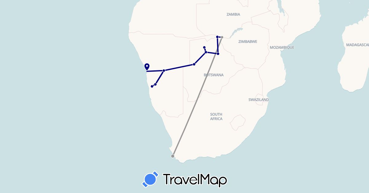 TravelMap itinerary: driving, plane in Botswana, Namibia, South Africa, Zambia (Africa)