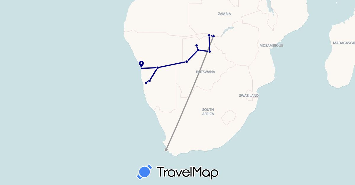 TravelMap itinerary: driving, plane in Botswana, Namibia, South Africa, Zambia, Zimbabwe (Africa)
